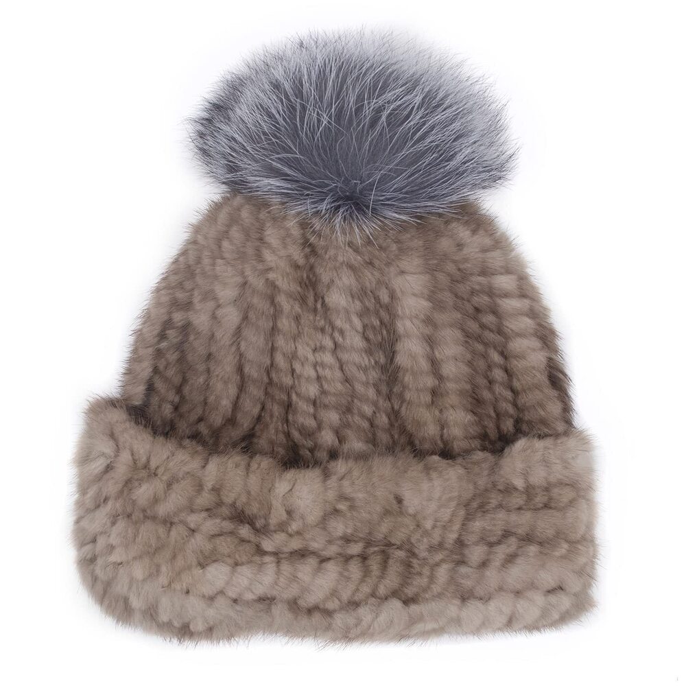 6960 Real Mink Fur Knit Beanie with Fox Fur Pom - Soft Light Brown Hat